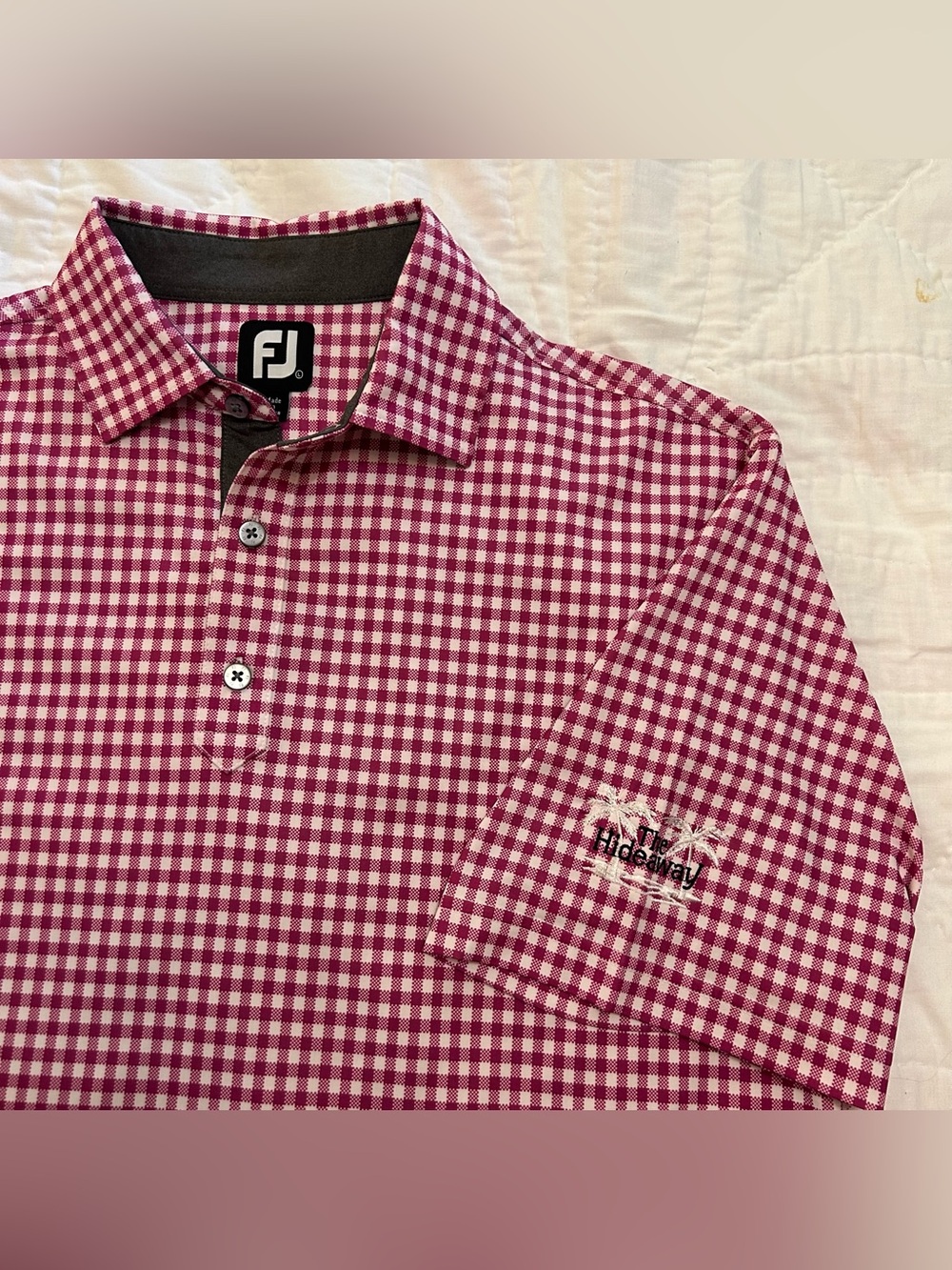 Footjoy Polo Purple Gingham AOP Mens L The Hideaway Golf Club logo Sleeve Hit